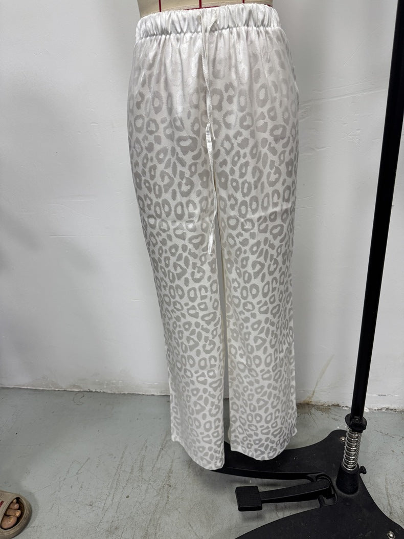 Women Clothing Autumn Satin Casual Pants Drawstring Leopard Print Mop Wide Leg Pants Long Pants Bella Mia