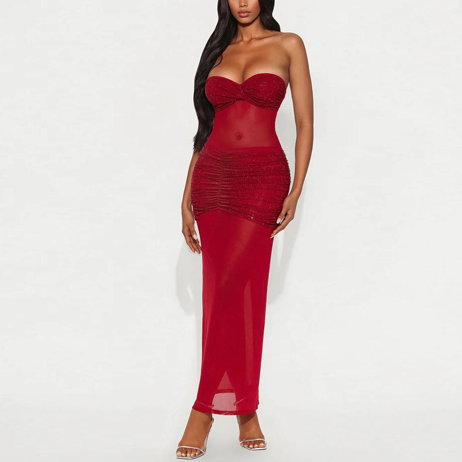 Tube Top Milk Silk Stitching Mesh Drilling Party Hip Wrapped Long Dress