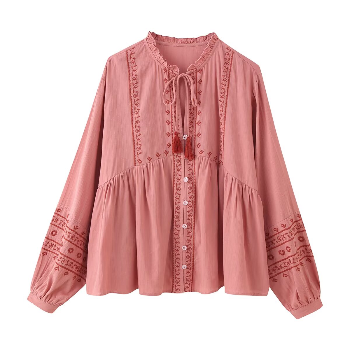Women Clothing Long Sleeve Contrast Color Embroidered Shirt Bella Mia