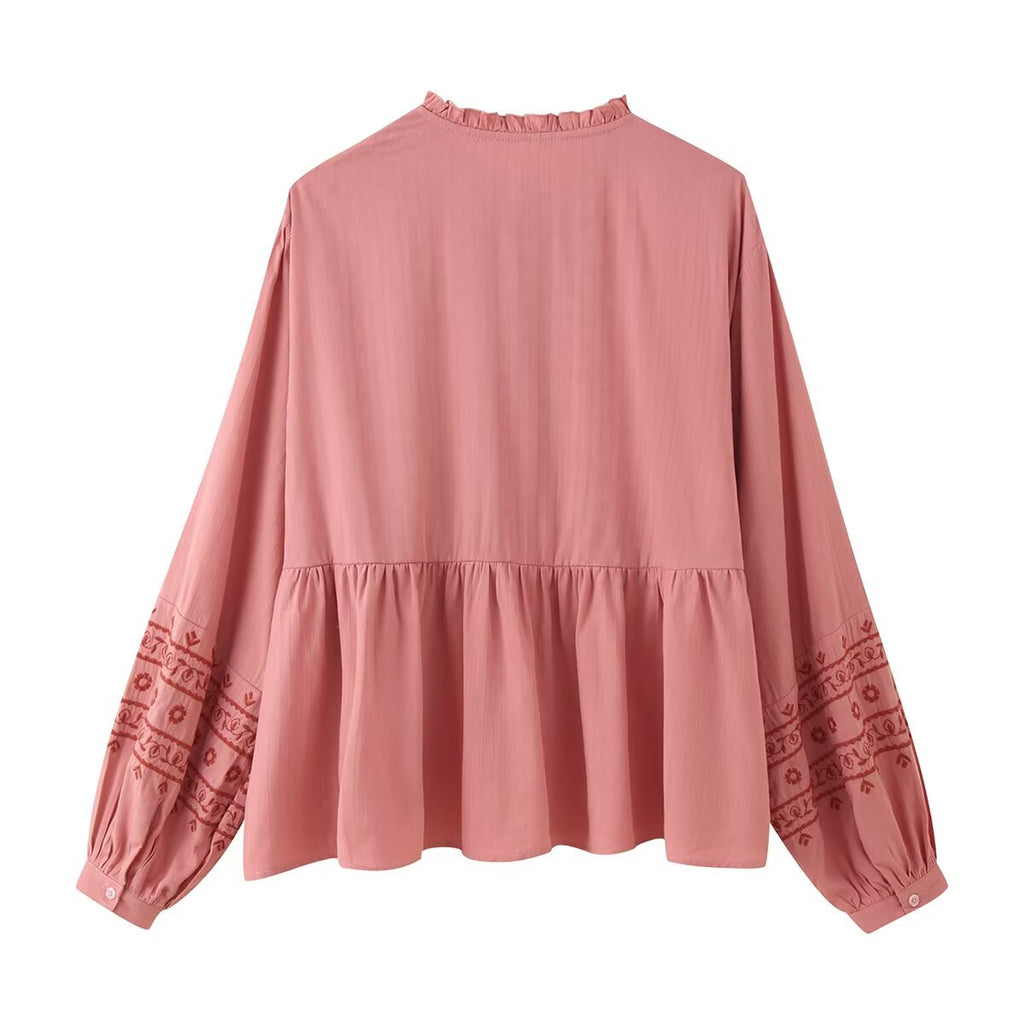 Women Clothing Long Sleeve Contrast Color Embroidered Shirt Bella Mia