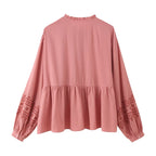 Women Clothing Long Sleeve Contrast Color Embroidered Shirt Bella Mia