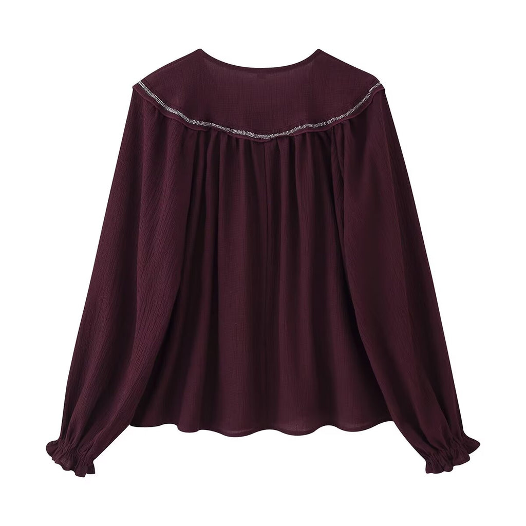 Women Long Sleeve Casual Beaded Embroidered Shirt Bella Mia