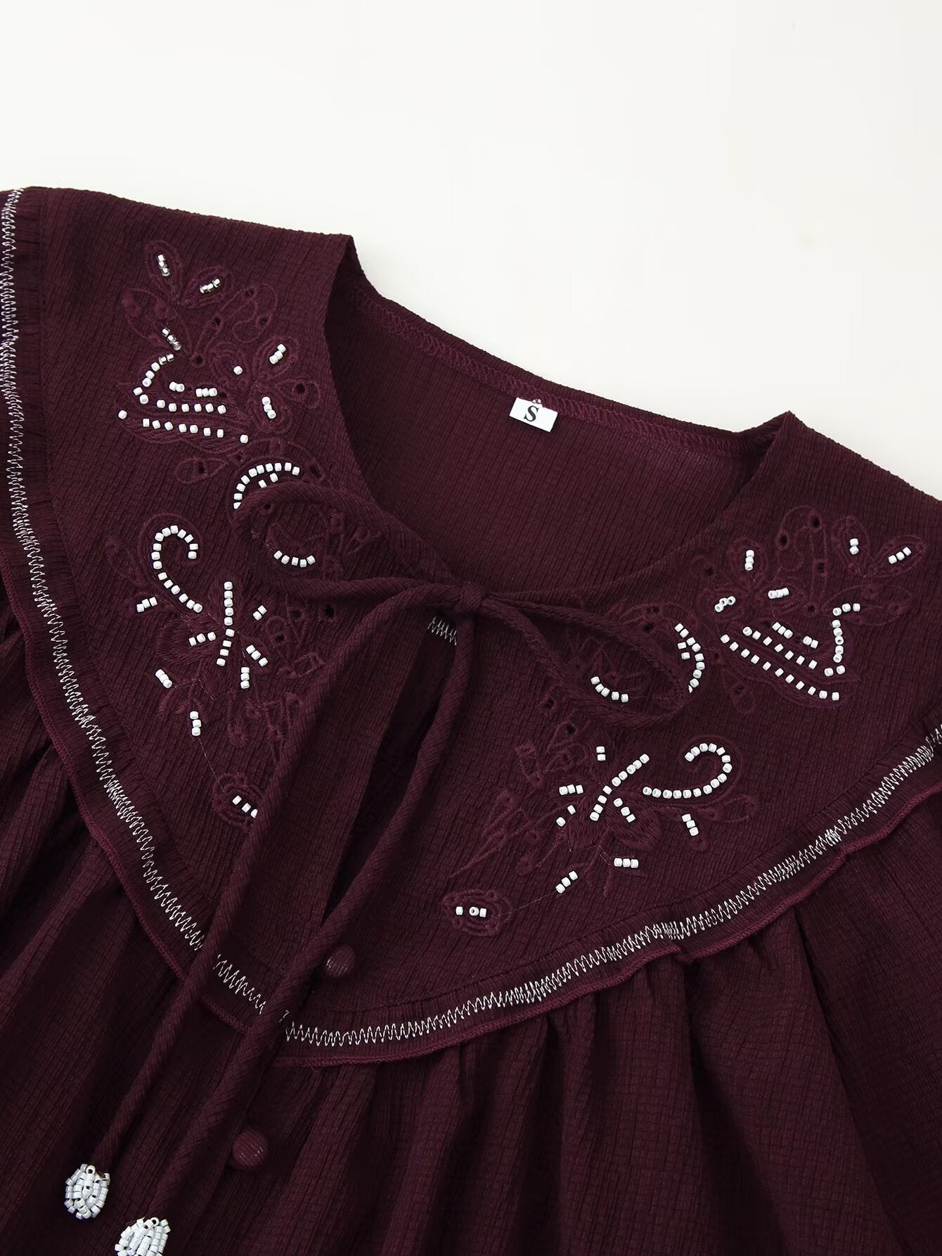 Women Long Sleeve Casual Beaded Embroidered Shirt Bella Mia