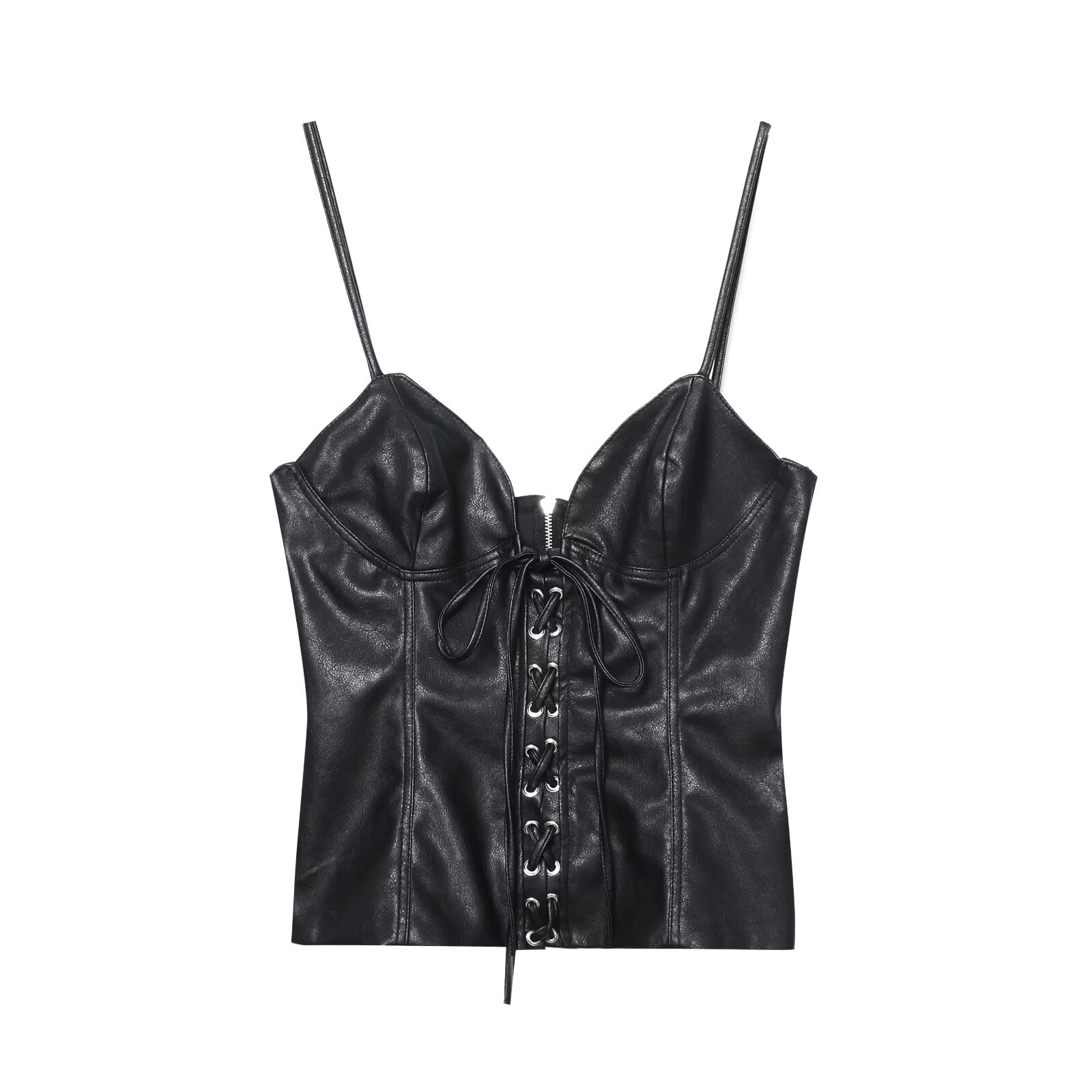 Women Clothing Best Casual Faux Leather Bow Suspenders Top Bella Mia