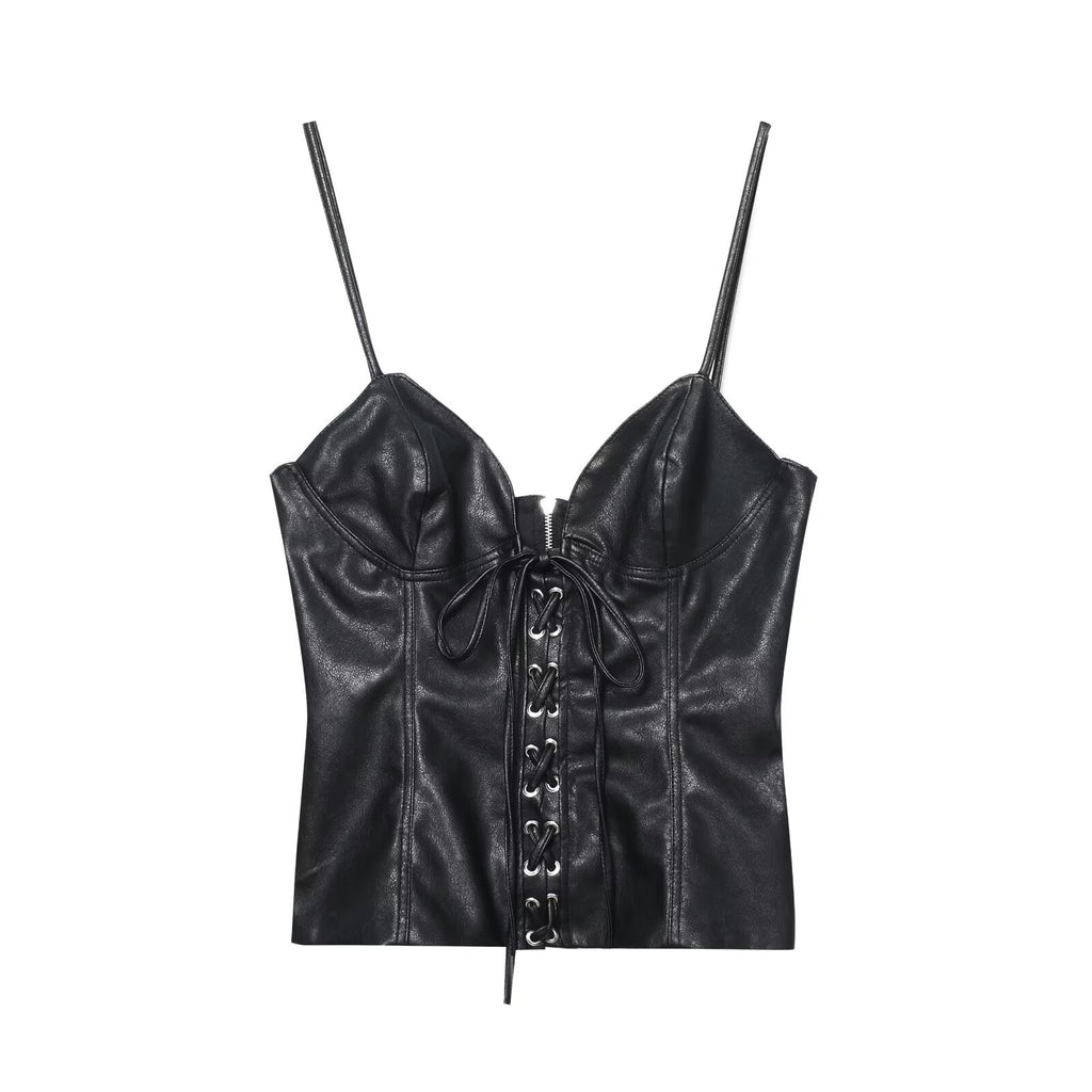 Women Clothing Best Casual Faux Leather Bow Suspenders Top Bella Mia