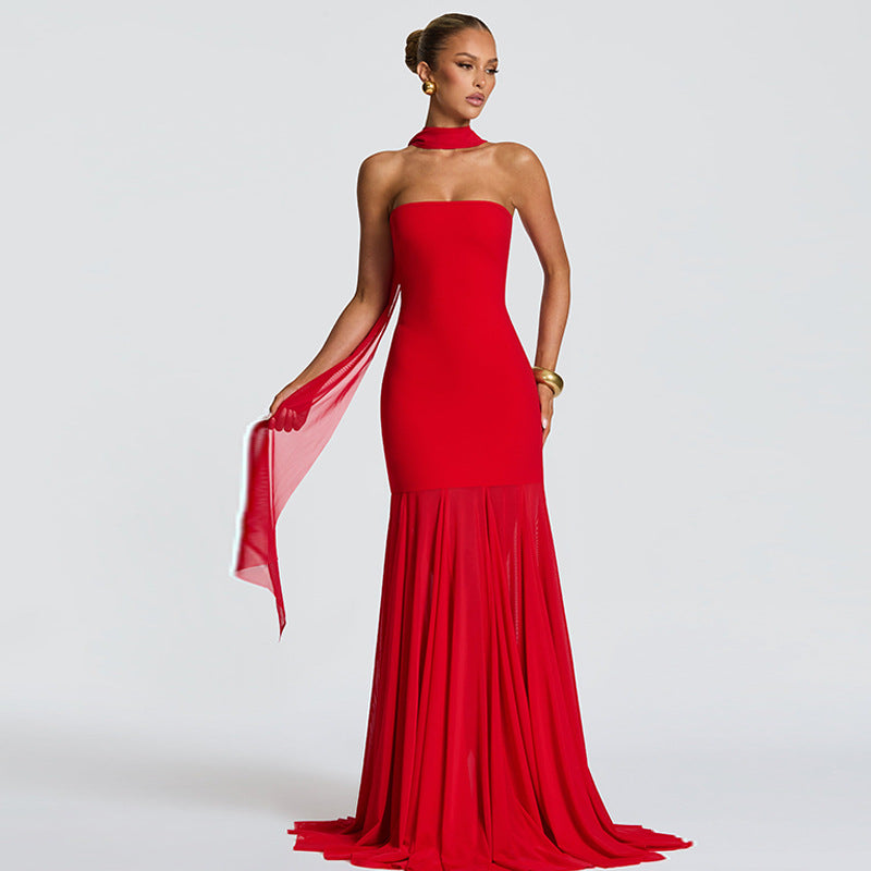 Women Clothing Autumn Winter Sexy Mesh Stitching Tube Top Evening Maxi Dress Women Bella Mia