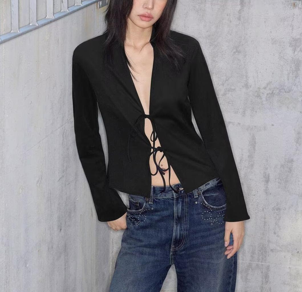 Women Clothing Winter Graceful Fashionable Suede Effect Long Sleeve Lace up Shirt Bella Mia