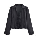 Women Clothing Winter Graceful Fashionable Suede Effect Long Sleeve Lace up Shirt Bella Mia