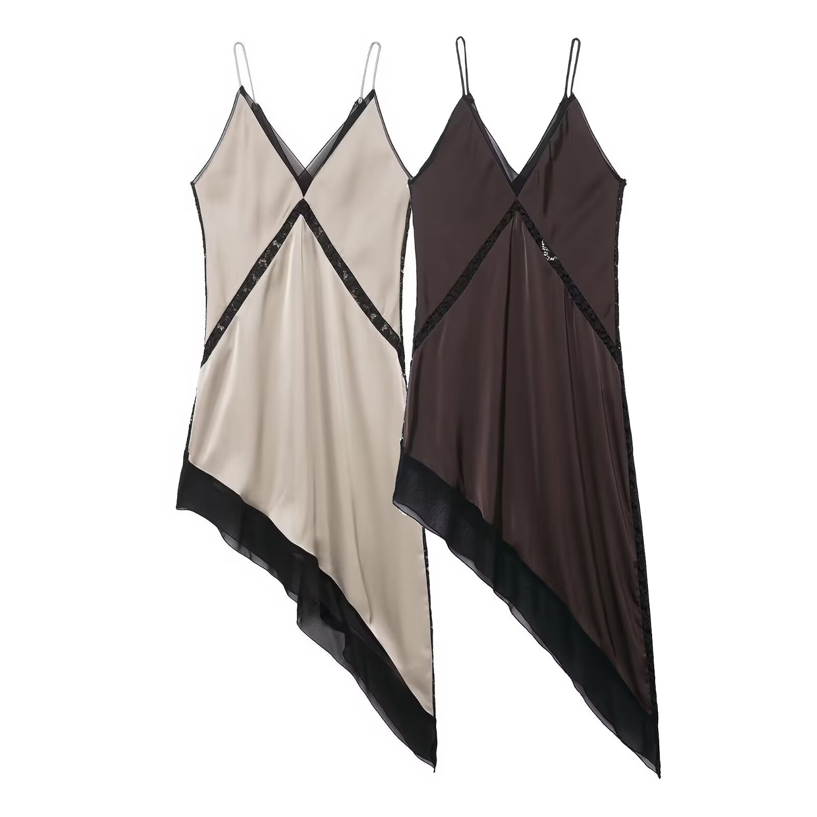 Graceful Satin Asymmetric V neck Strap Midi Dress Bella Mia