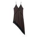 Graceful Satin Asymmetric V neck Strap Midi Dress Bella Mia