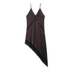 Graceful Satin Asymmetric V neck Strap Midi Dress Bella Mia
