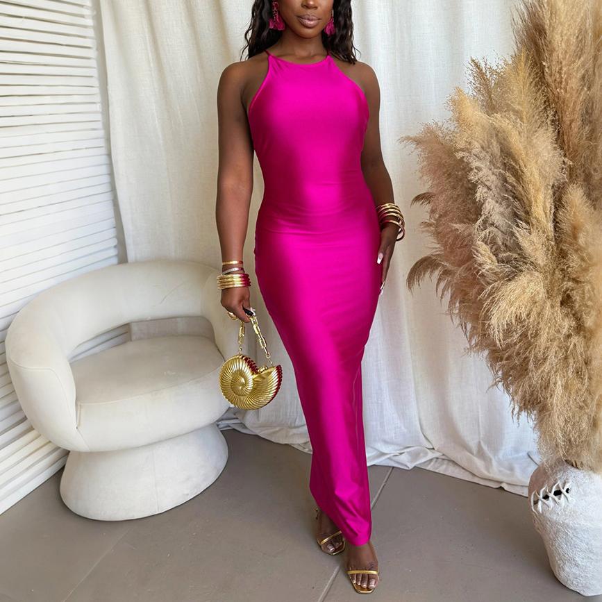 Women Slim Fit Halter Solid Color Long Dress