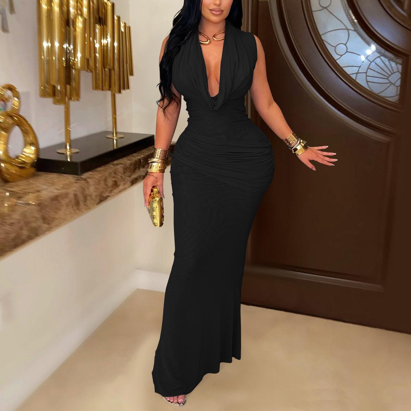 Women Wear Elegance Sleeveless Pleated V neck Low Cut Dress Bella Mia