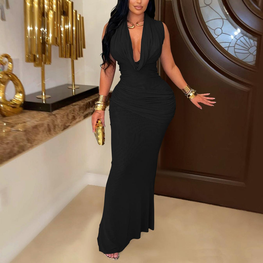 Women Wear Elegance Sleeveless Pleated V neck Low Cut Dress Bella Mia