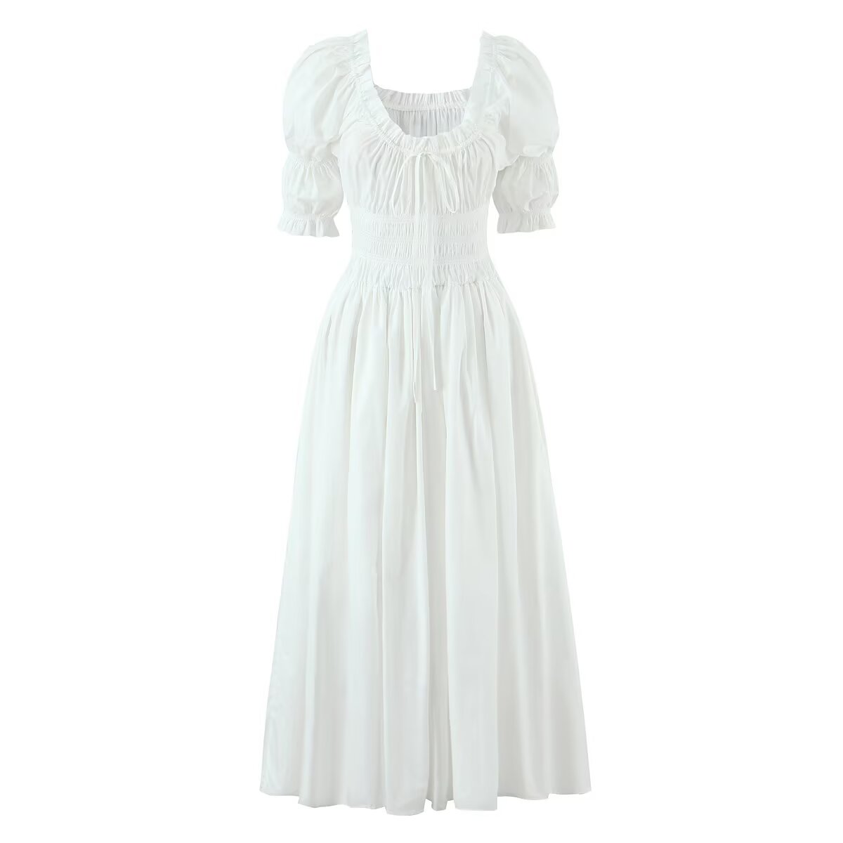 Winter French round Neck Puff Sleeve Chest Lace up Waist Trimming Short Sleeved Stretch Dress Large Swing
