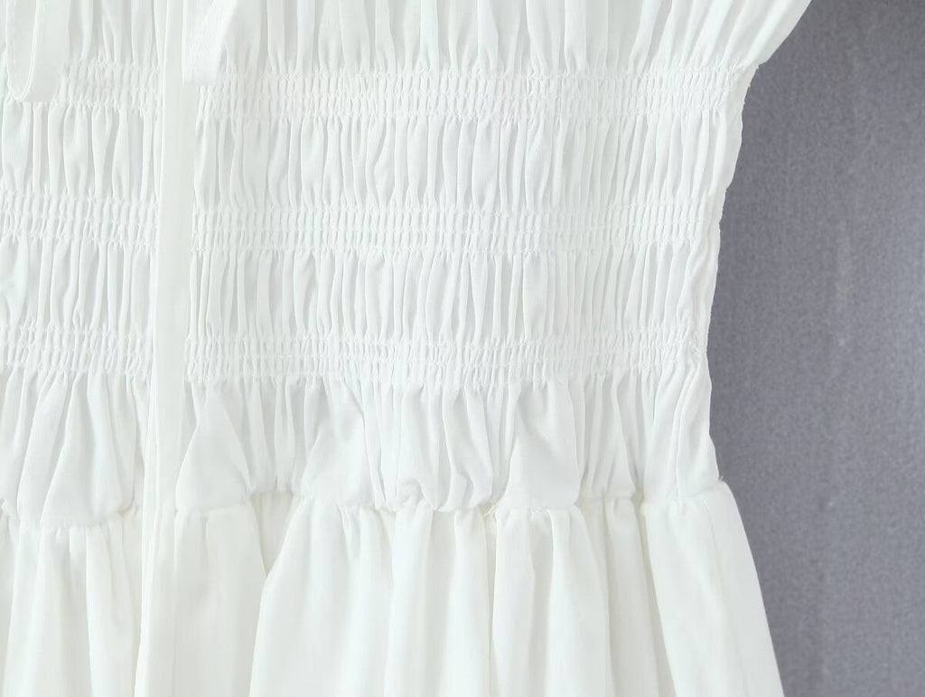 Winter French round Neck Puff Sleeve Chest Lace up Waist Trimming Short Sleeved Stretch Dress Large Swing