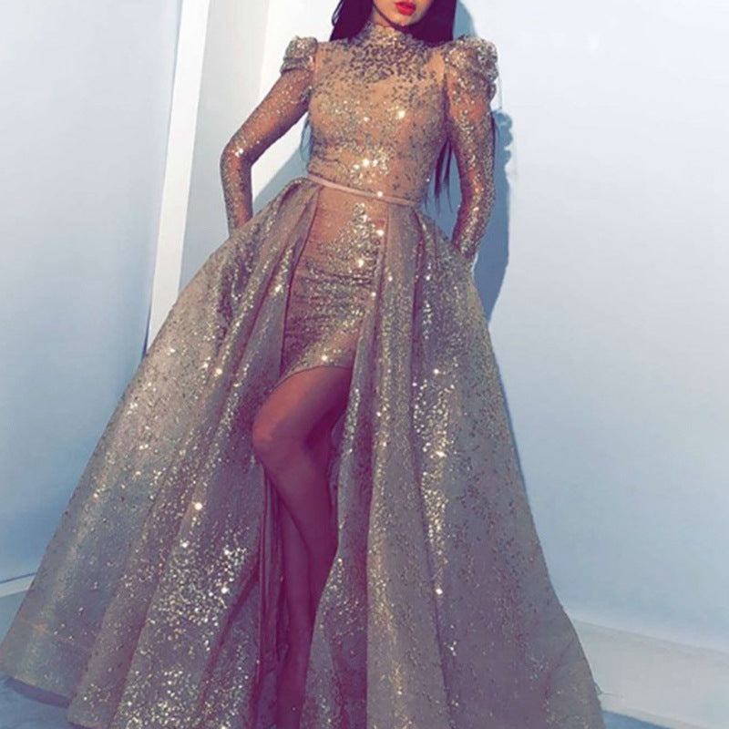 Women Clothing Independent Stand with Gold Big Swing Sexy Dress Slit Cocktail Evening Dress Bella Mia