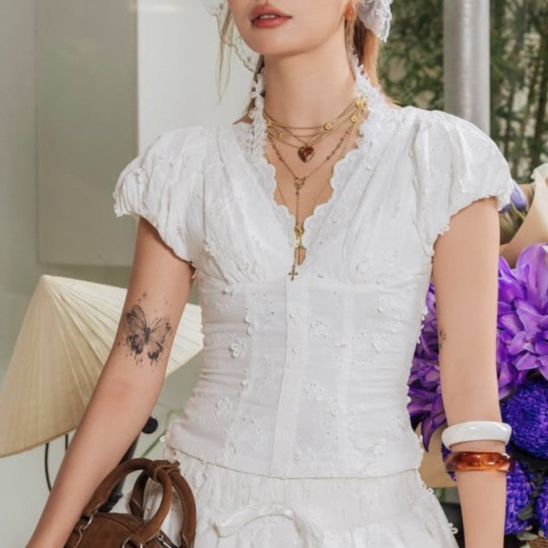 Vietnam Niche Sweet Embroidered Hollow Out Cutout Three Dimensional Jacquard Design Back Zipper Puff Sleeve V neck Shirt Top Bella Mia