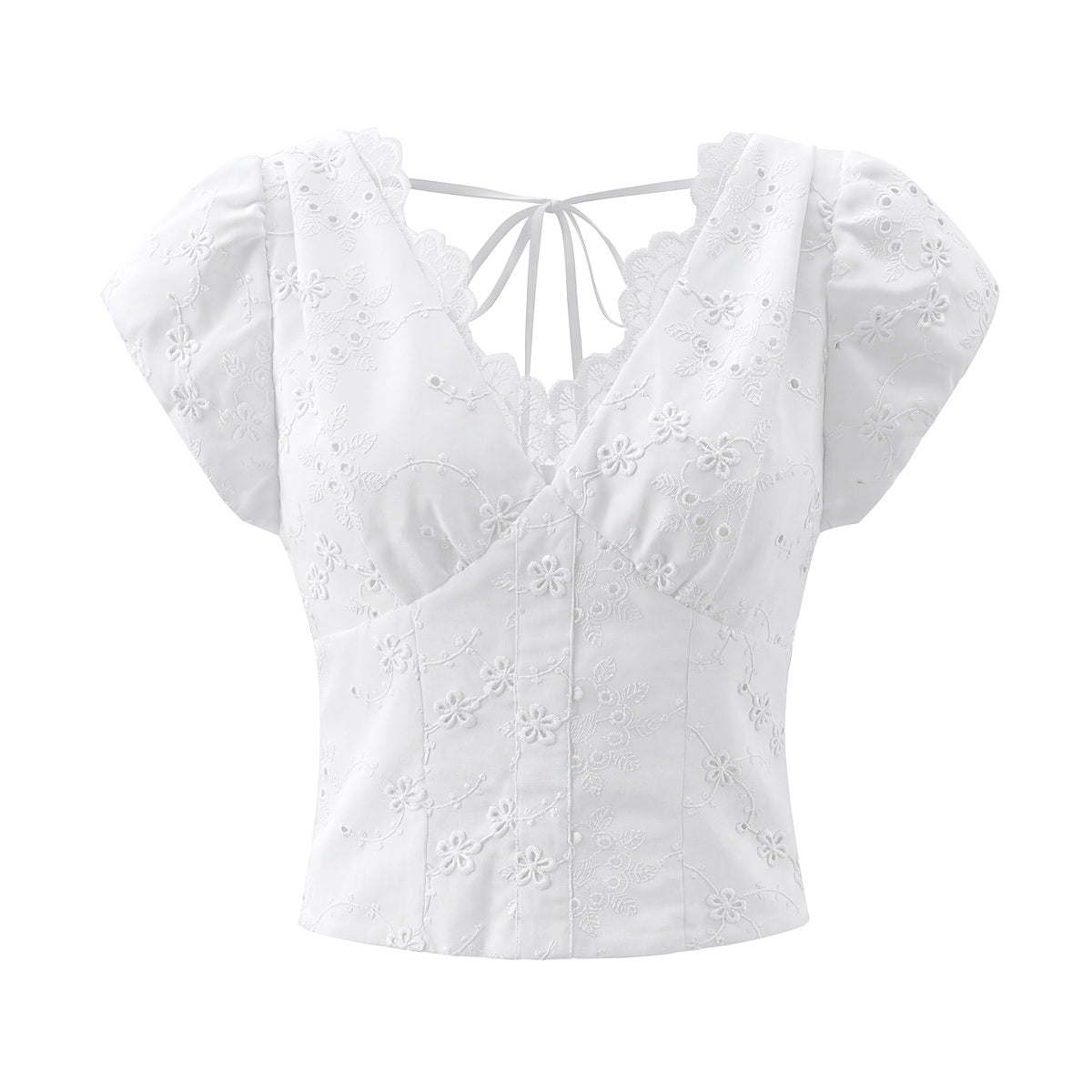 Vietnam Niche Sweet Embroidered Hollow Out Cutout Three Dimensional Jacquard Design Back Zipper Puff Sleeve V neck Shirt Top Bella Mia