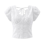 Vietnam Niche Sweet Embroidered Hollow Out Cutout Three Dimensional Jacquard Design Back Zipper Puff Sleeve V neck Shirt Top Bella Mia