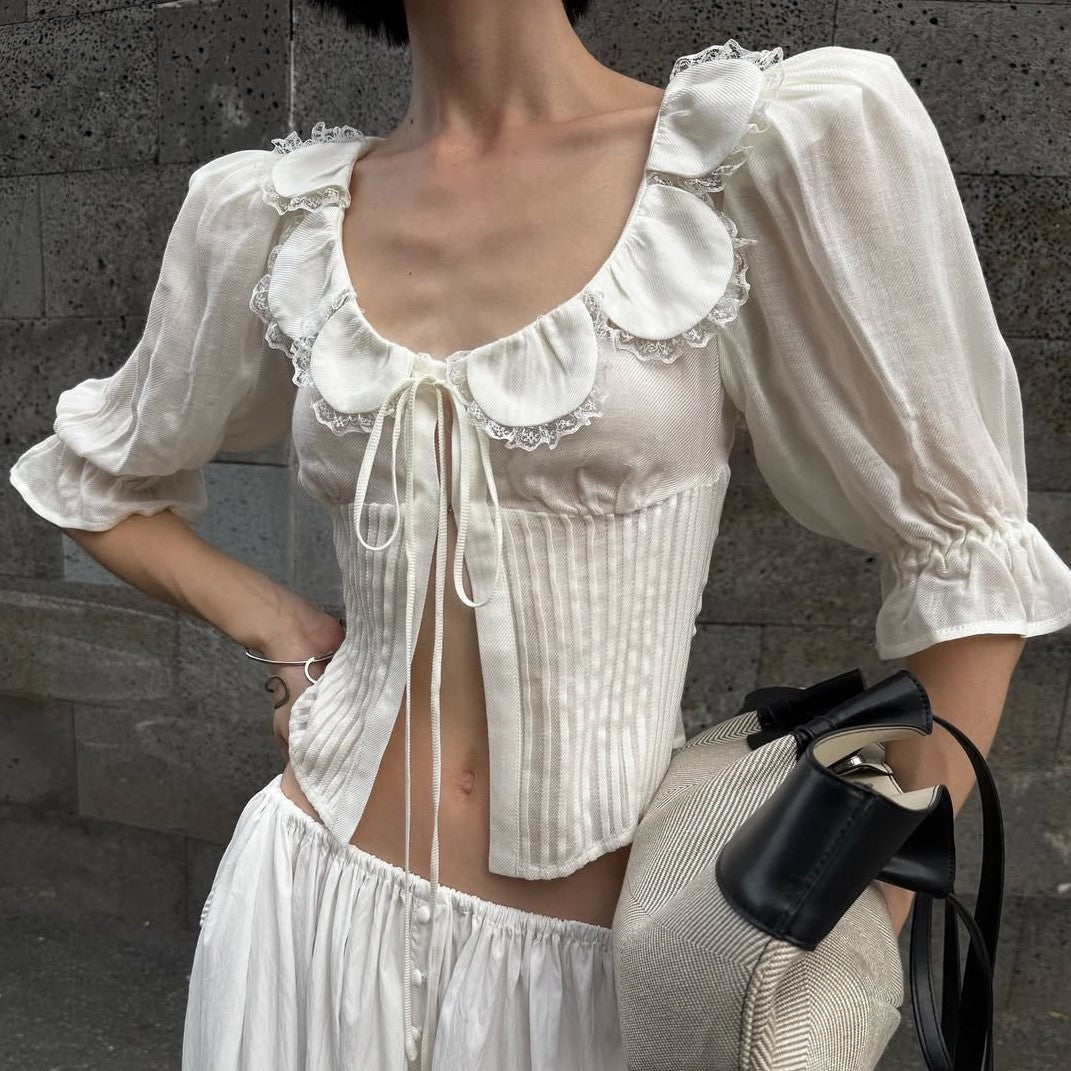 French Sweet Design Petal Scoop Lace Stitching Ruffle Slim Shirt Solid Color Tied Top Bella Mia