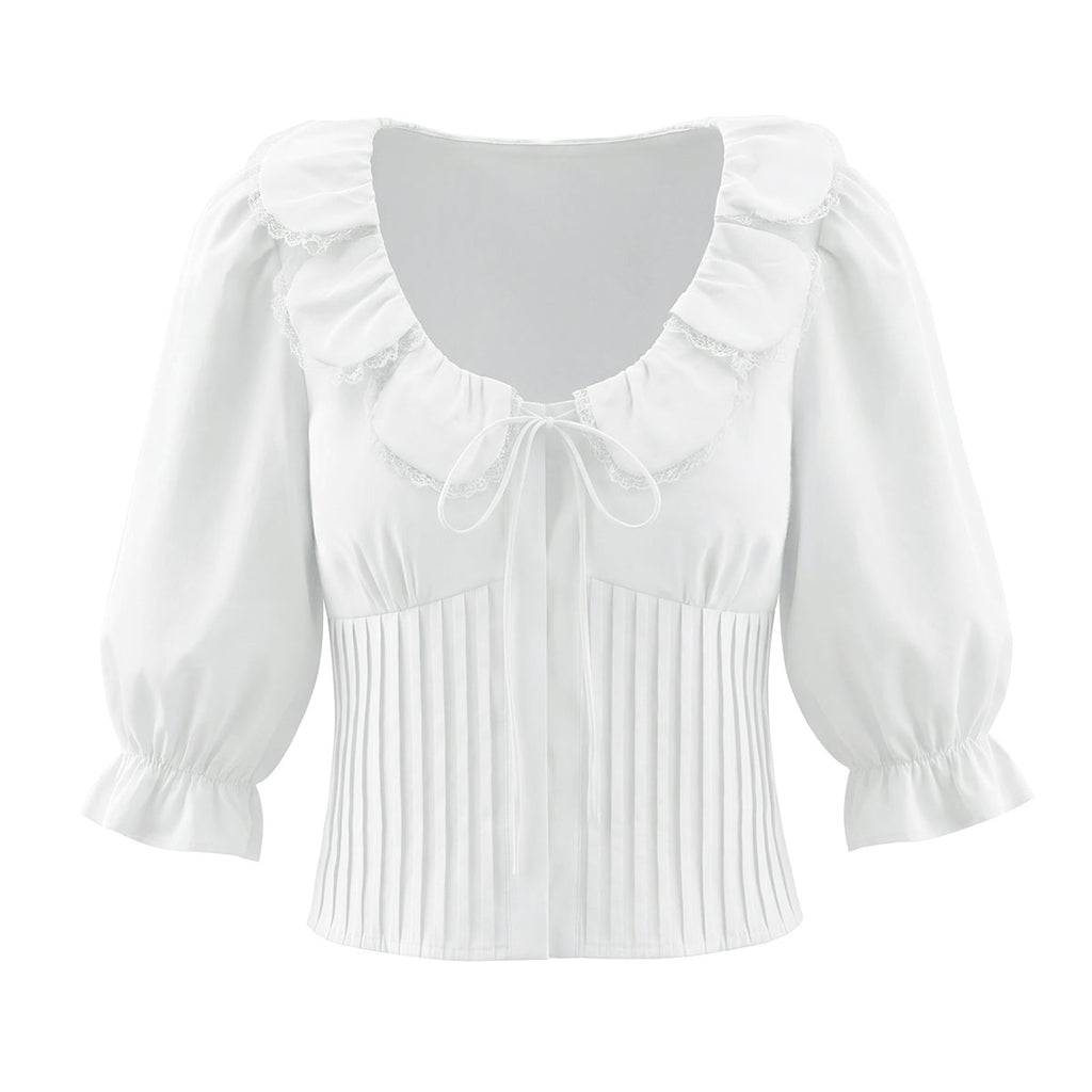 French Sweet Design Petal Scoop Lace Stitching Ruffle Slim Shirt Solid Color Tied Top Bella Mia