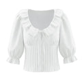 French Sweet Design Petal Scoop Lace Stitching Ruffle Slim Shirt Solid Color Tied Top Bella Mia