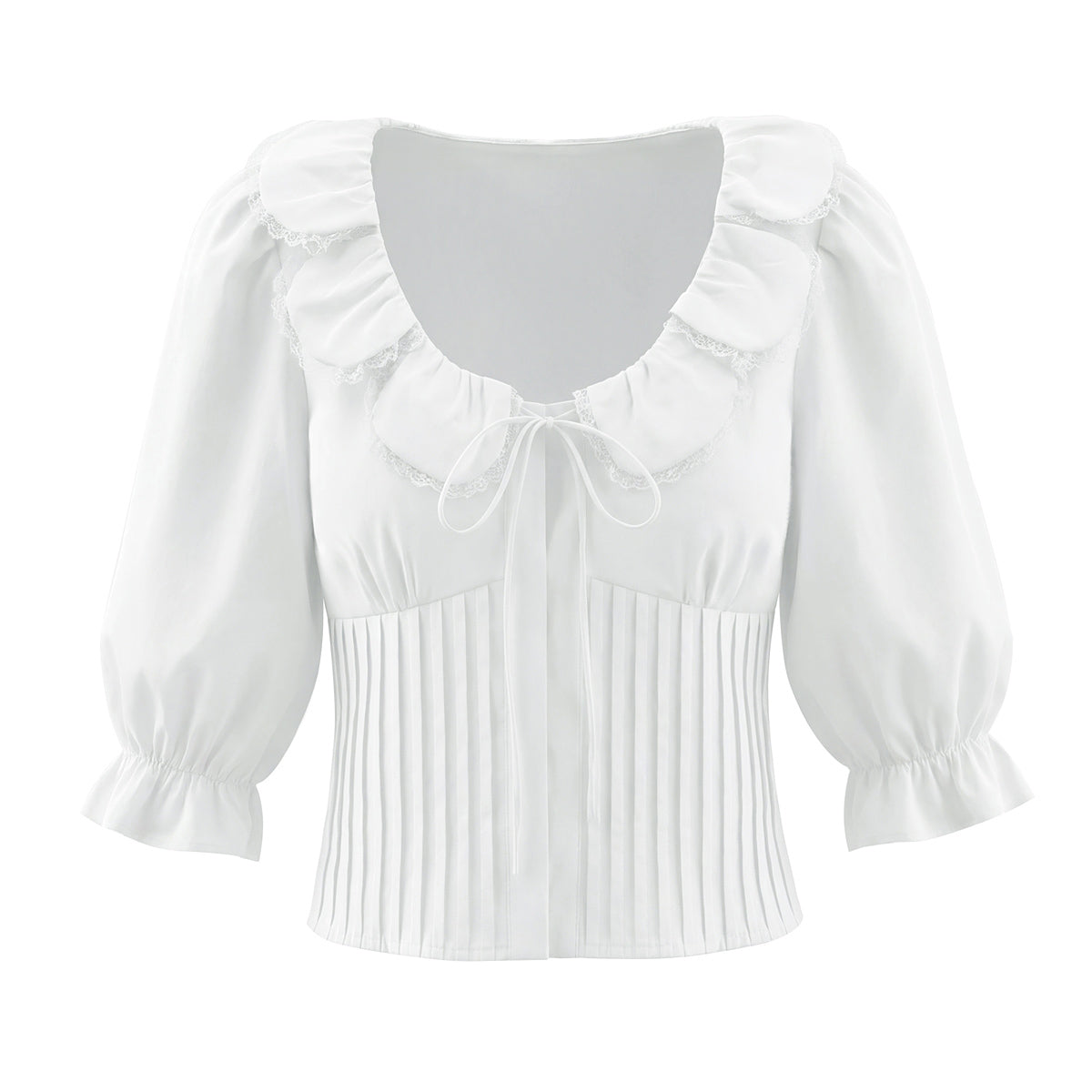 French Sweet Design Petal Scoop Lace Stitching Ruffle Slim Shirt Solid Color Tied Top Bella Mia