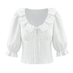 French Sweet Design Petal Scoop Lace Stitching Ruffle Slim Shirt Solid Color Tied Top Bella Mia