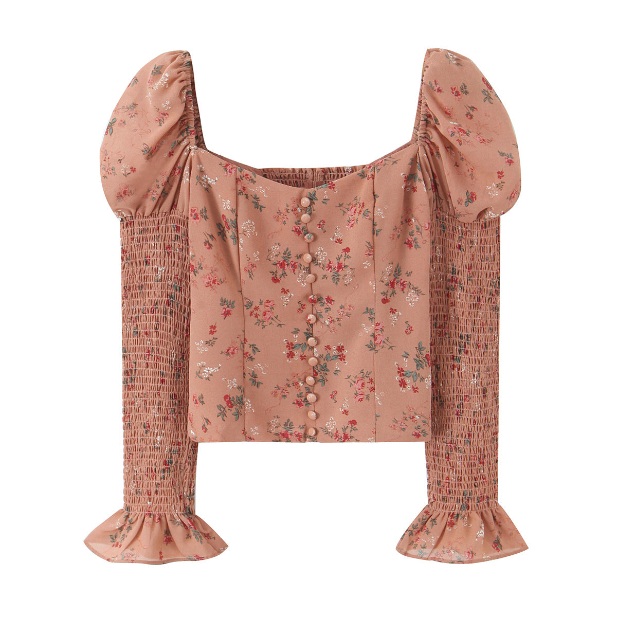Women Early Spring Floral Printed Sexy Square Collar Slimming Elastic Puff Sleeve Shirt Bella Mia