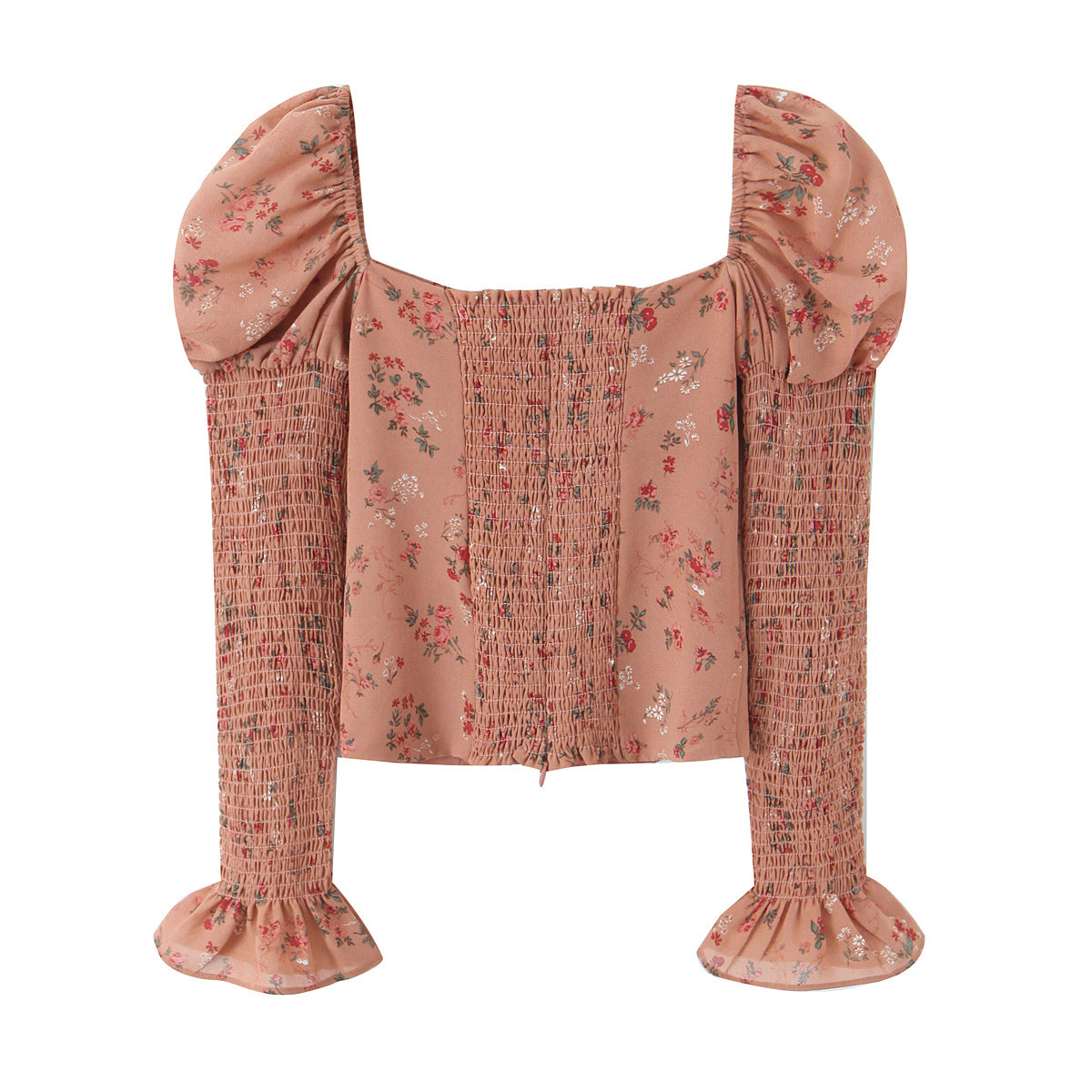 Women Early Spring Floral Printed Sexy Square Collar Slimming Elastic Puff Sleeve Shirt Bella Mia