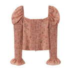 Women Early Spring Floral Printed Sexy Square Collar Slimming Elastic Puff Sleeve Shirt Bella Mia