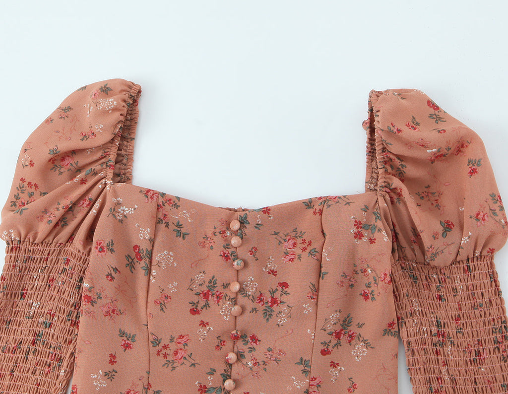 Women Early Spring Floral Printed Sexy Square Collar Slimming Elastic Puff Sleeve Shirt Bella Mia