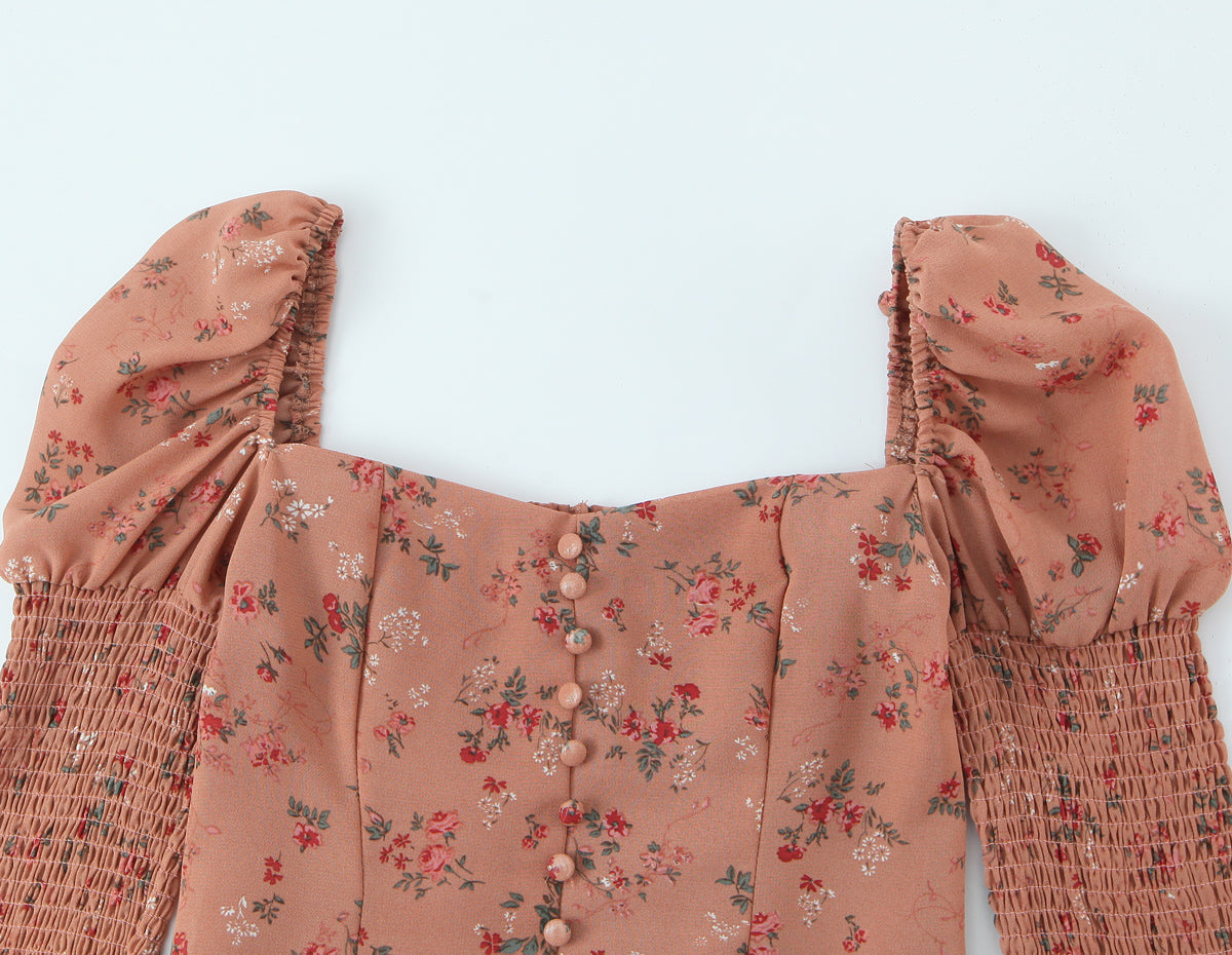 Women Early Spring Floral Printed Sexy Square Collar Slimming Elastic Puff Sleeve Shirt Bella Mia