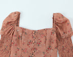 Women Early Spring Floral Printed Sexy Square Collar Slimming Elastic Puff Sleeve Shirt Bella Mia