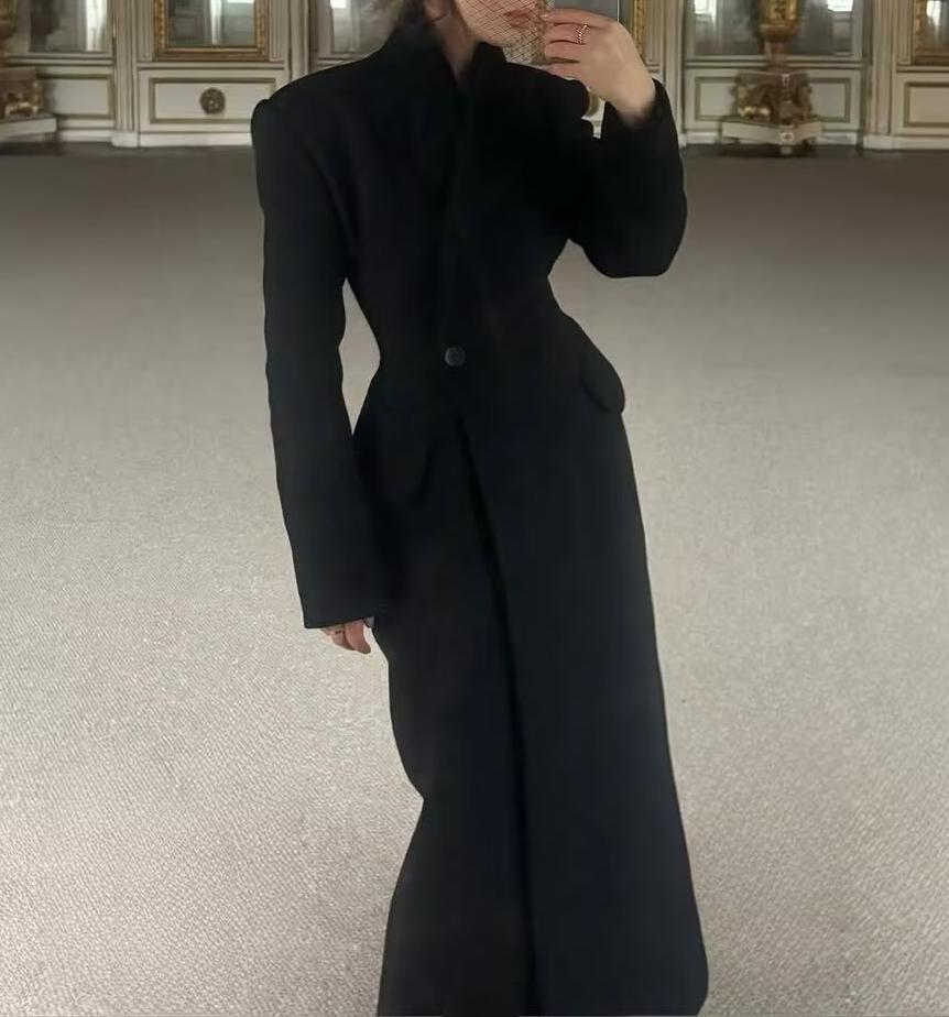 Women Solid Color Slim One Button Long Long Sleeve Collared Coat Bella Mia