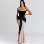 Pleated Ribbon Slim Fit High Waist Dress Sexy Wrapped Chest Waist Color Contrast Patchwork Dress Bella Mia