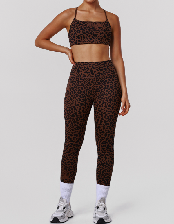 Leopard Print Tight Yoga Women High Waist Hip Raise Pants Thin Strap Beauty Back Exercise Bra Fitness Two Piece Sets Bella Mia