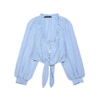 Women Clothing Spring Sexy Square Collar Blue Plaid Short Long Sleeve Top Bella Mia