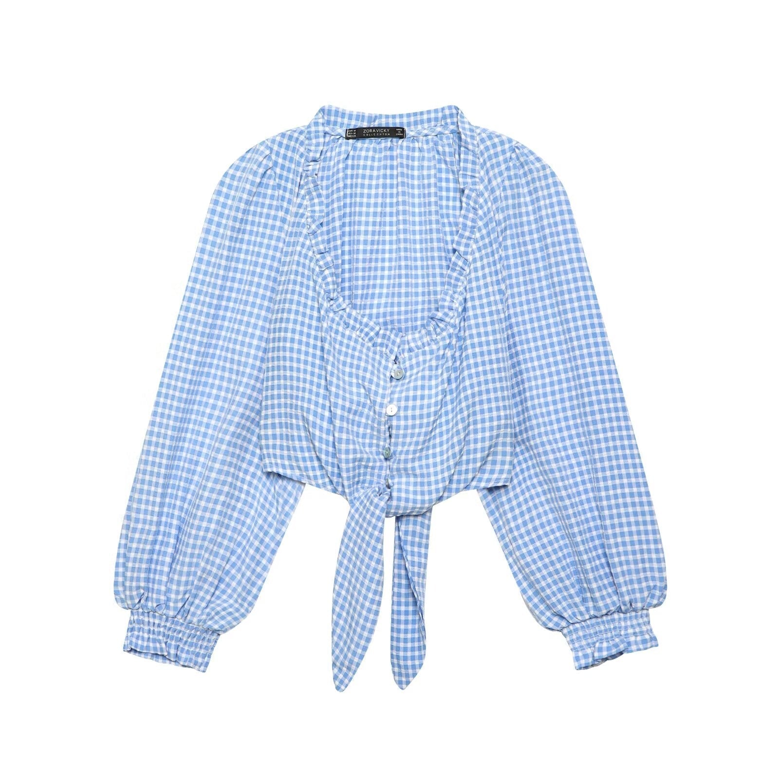 Women Clothing Spring Sexy Square Collar Blue Plaid Short Long Sleeve Top Bella Mia