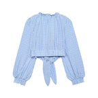 Women Clothing Spring Sexy Square Collar Blue Plaid Short Long Sleeve Top Bella Mia