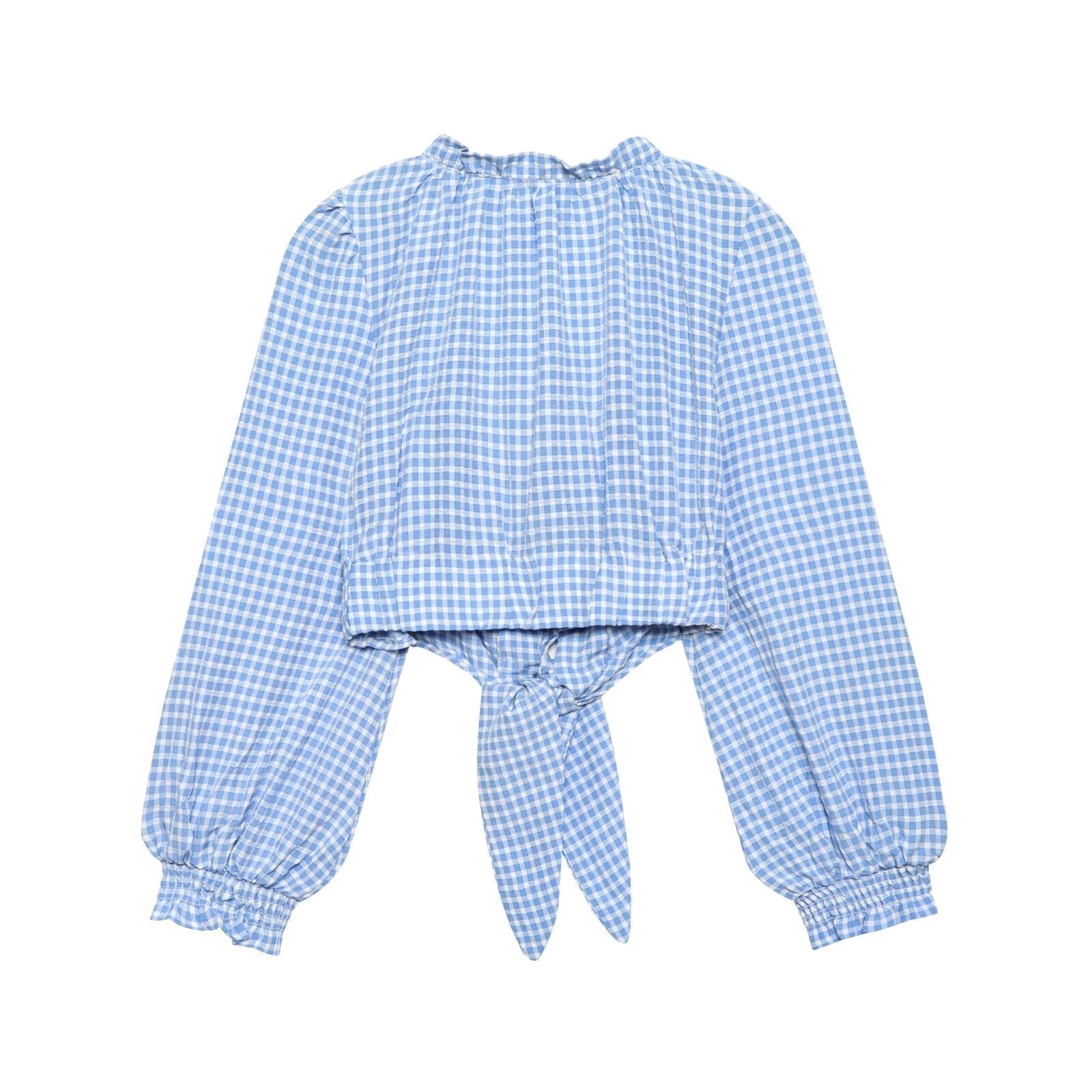 Women Clothing Spring Sexy Square Collar Blue Plaid Short Long Sleeve Top Bella Mia