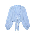 Women Clothing Spring Sexy Square Collar Blue Plaid Short Long Sleeve Top Bella Mia
