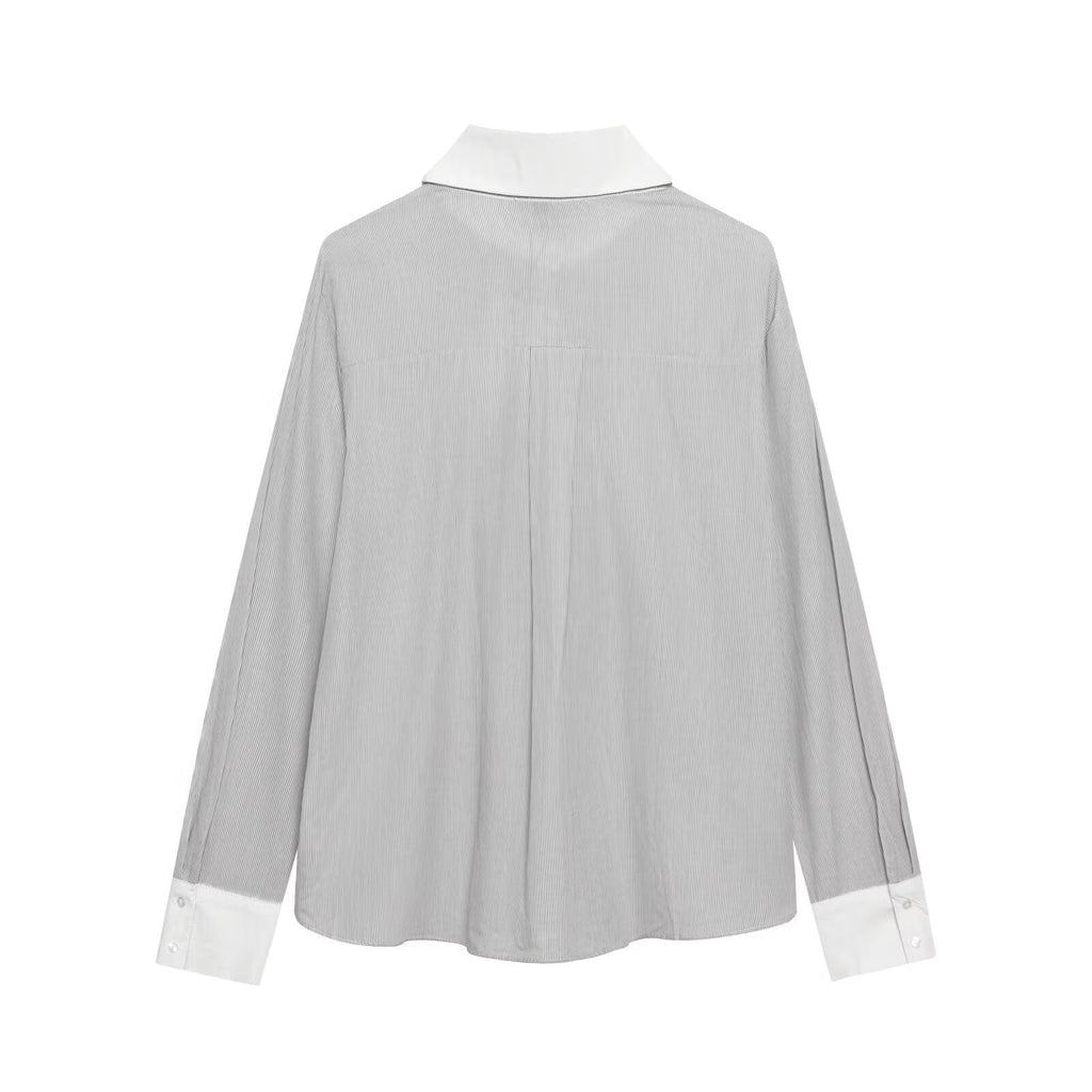 Women Clothing Western Bow Decoration Striped Stitching Shirt Bella Mia