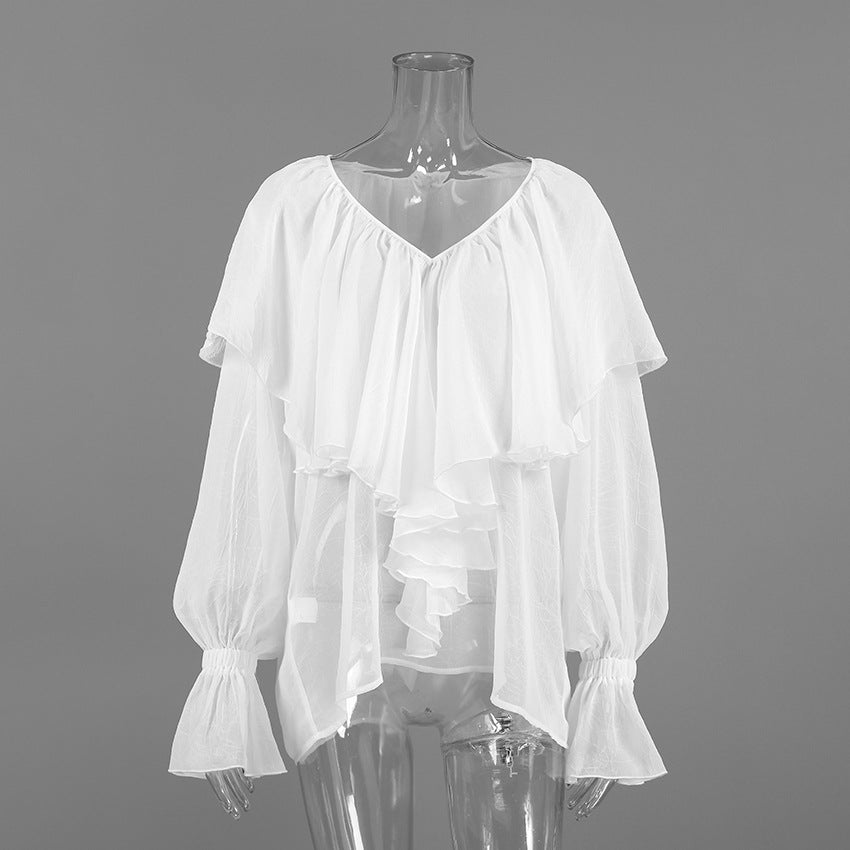 Autumn Texture V neck Flounce Flare Sleeve Blouse Women All Match White Chiffon Shirt Bella Mia