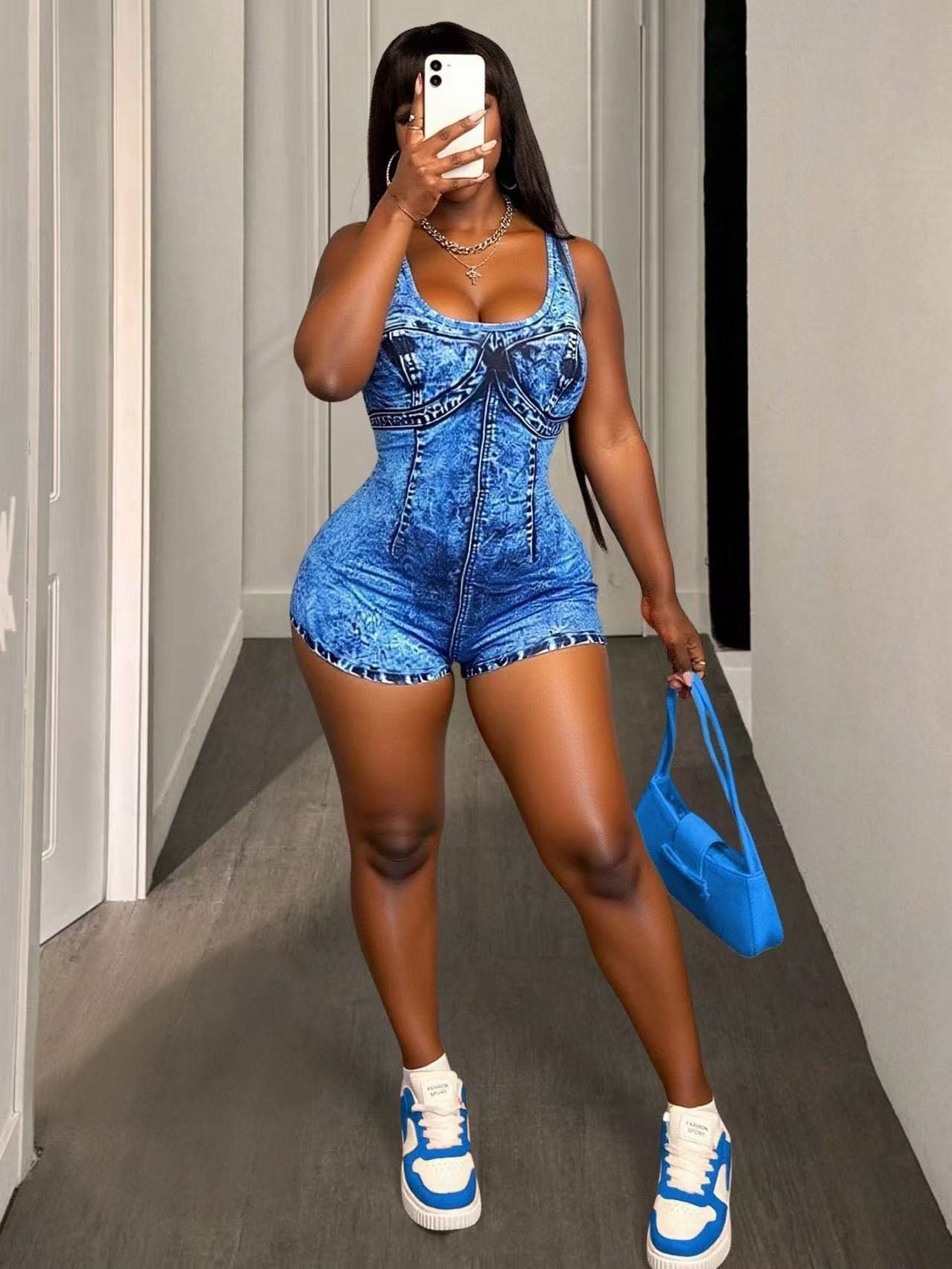 Women Clothing Denim Printing Sexy Suspenders Tube Top Backless Romper Women Bella Mia