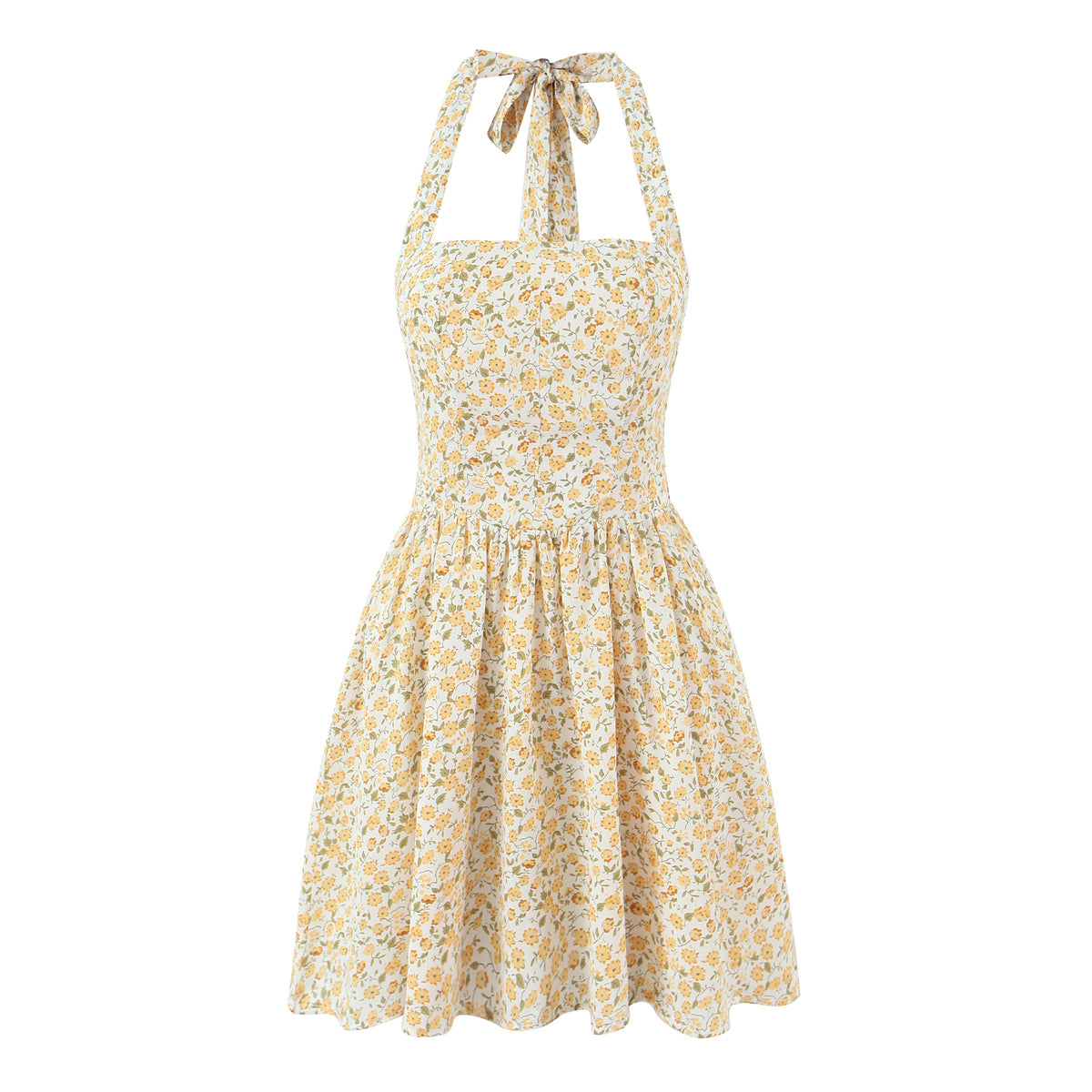 French Vintage Small Floral Printed Sexy Halter Dress Summer Waist Controlled Slim Fit Slimming Holiday Short Dress