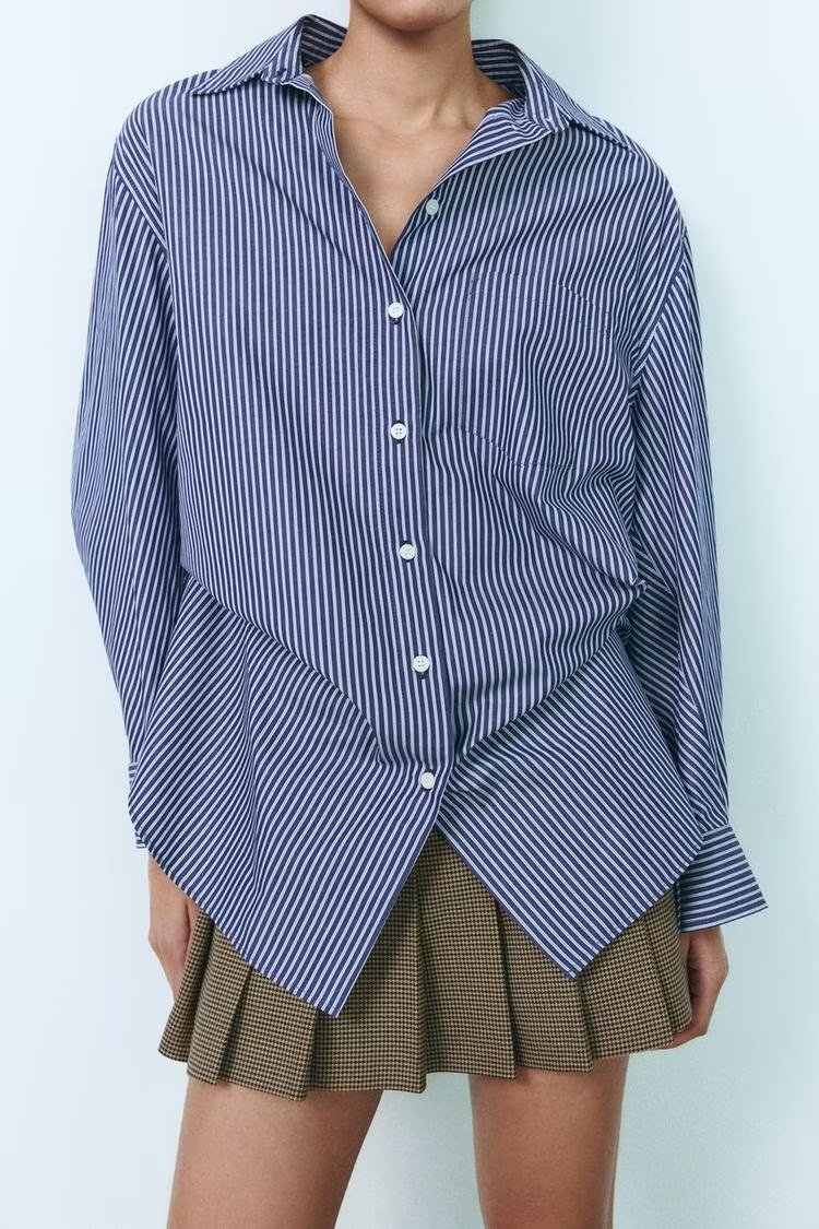 Women Clothing Patchwork Striped Poplin Loose Collared Long Sleeves Shirt Bella Mia