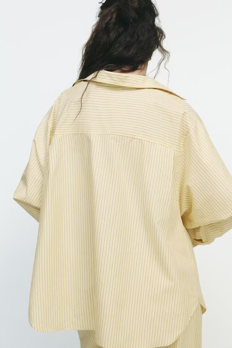 Women Clothing Patchwork Striped Poplin Loose Collared Long Sleeves Shirt Bella Mia