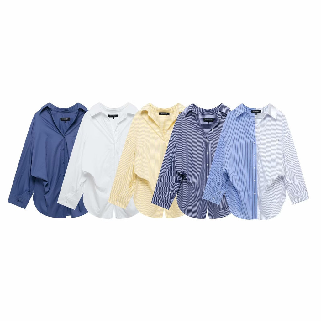Women Clothing Patchwork Striped Poplin Loose Collared Long Sleeves Shirt Bella Mia